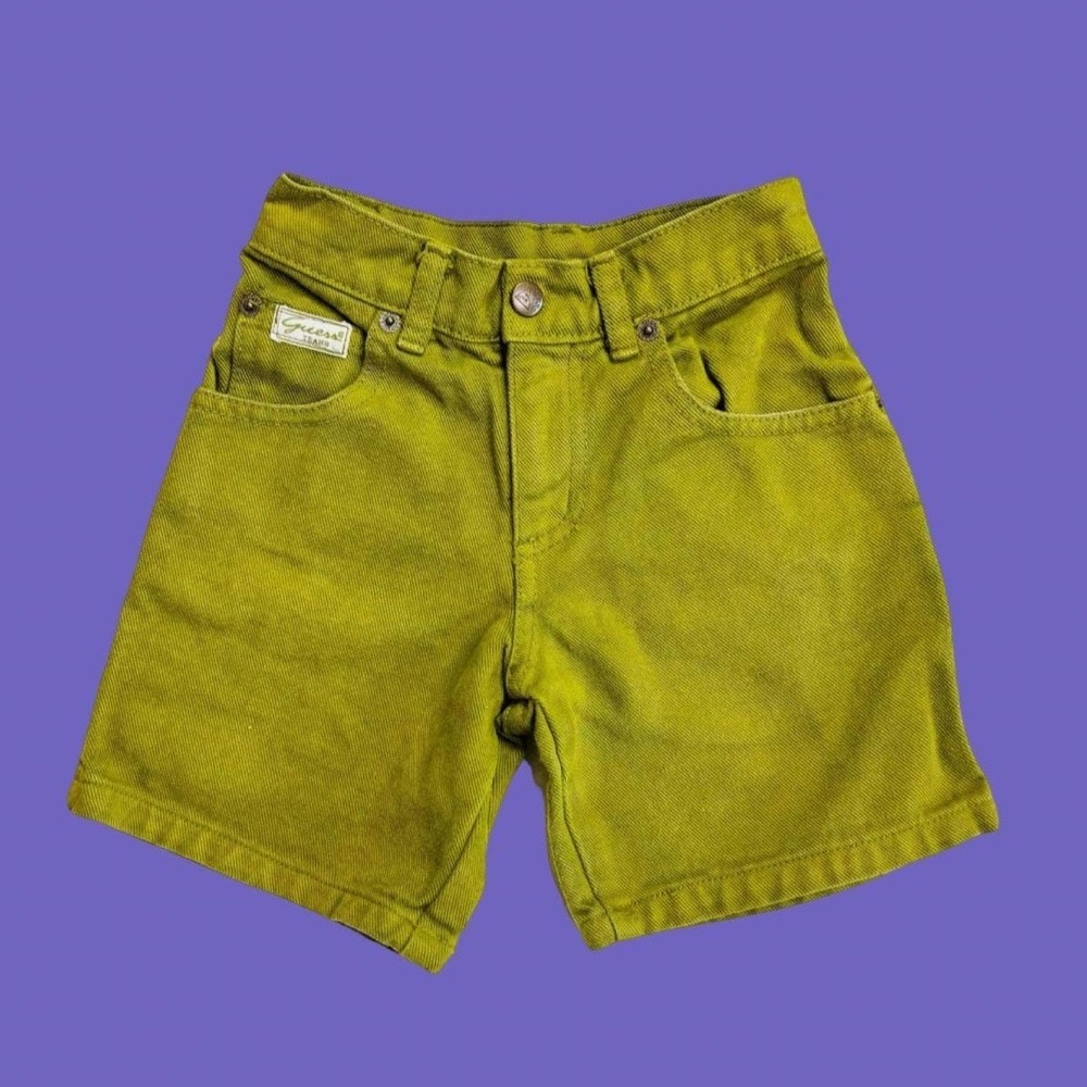 Vintage Guess Jeans Kids Chartreuse Green Denim Shorts High Waisted Retro 90s